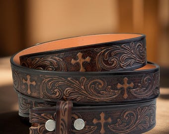 Tooled Western Cross Carved Leather Belt 100% Genuine Full Grain Cowhide Engraved Genuine Leather Cowboy Belt