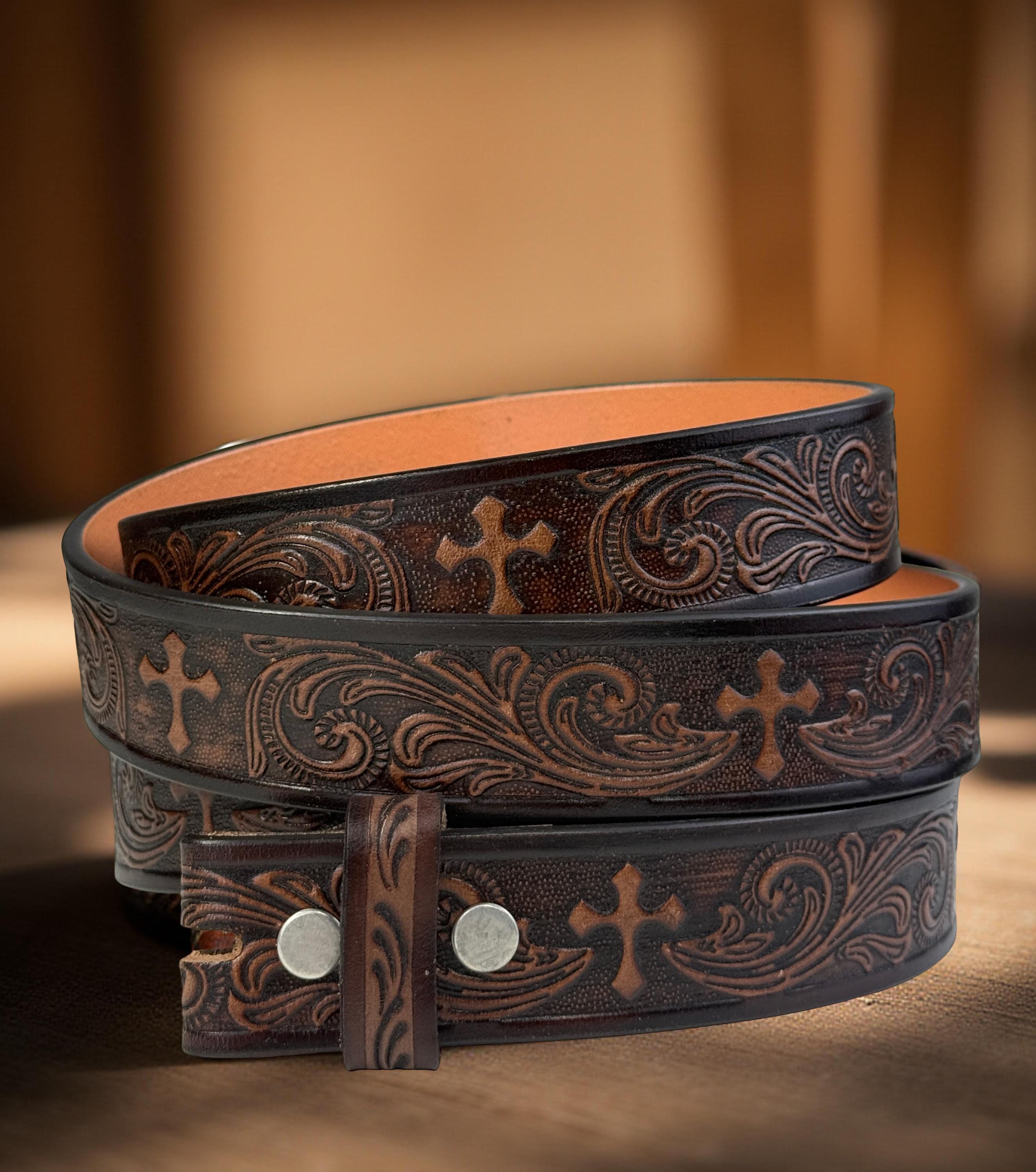 Cintura In Pelle Intagliata Con Croce Occidentale Lavorata, 100% Vera Pelle Bovina Pieno Fiore, Cintura Da Cowboy In Vera Pelle Incisa - Italia - Foto 8