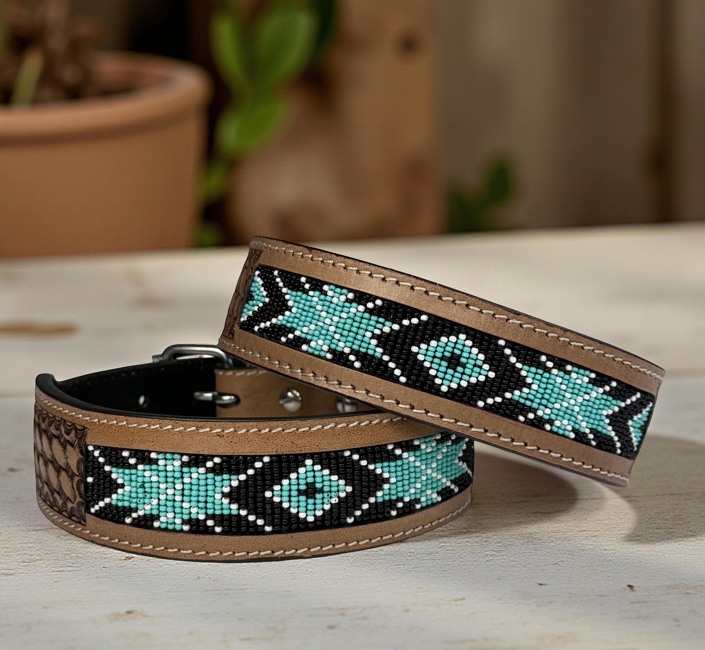 Beaded Genuine Leather Dog Cat Puppy Collar Hand Tooled Crafted Padded ...