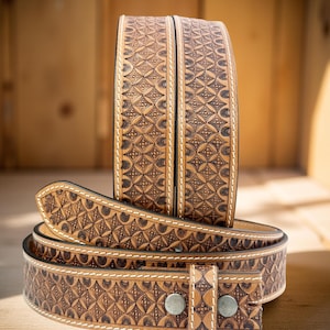 Full Grain Leather Snap-On Belt, Tooled Western Rodeo Engraved Leather Belt 100% Genuine Full Grain Cowhide with Snaps 1-1/2&quot; WIDE