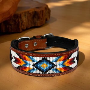 Western Genuine Leather dog collar tooled Leather Beaded Dog Cat Collar, Full grain western Leather Puppy Collar