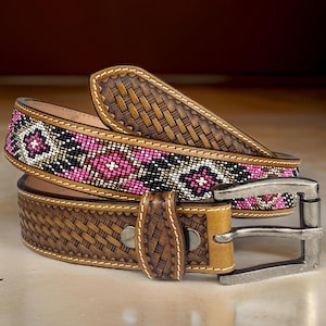 Genuine Leather Beaded Western Heavy Duty Belt, Custom Personalized Rodeo belt For Cowboy Cowgirl