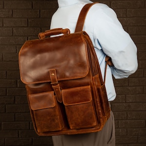 Genuine Leather Travel Backpack, Office College School Backpack with Monogram Unisex Rucksack