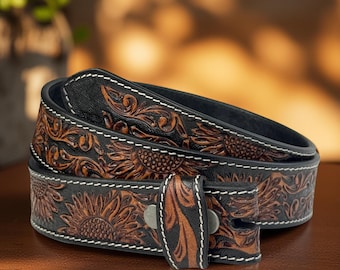 Tooled Western Sunflower Carved Leather Belt 100% Genuine Full Grain Cowhide Engraved Genuine Leather Cowboy Belt