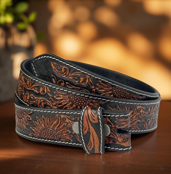 Genuine Leather Western Belt with Engraved Tooled Pattern Tooled Western Flower Carved Leather Belt 100% Genuine Full  main image 4