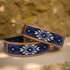 Western Genuine Leather dog collar tooled Leather Beaded Dog Cat Collar, Full grain western Leather Puppy Collar