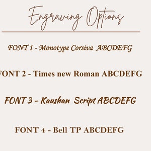 May include: Four different font options for engraving text. The fonts are Monotype Corsiva, Times New Roman, Kaushan Script, and Bell TP. Each font is shown with the letters A through G.