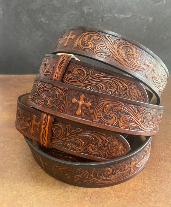 Tooled Western Cross Carved Leather Belt 100 Genuine Full Grain Cowhide Engraved Genuine Leather Cowboy Belt Etsy