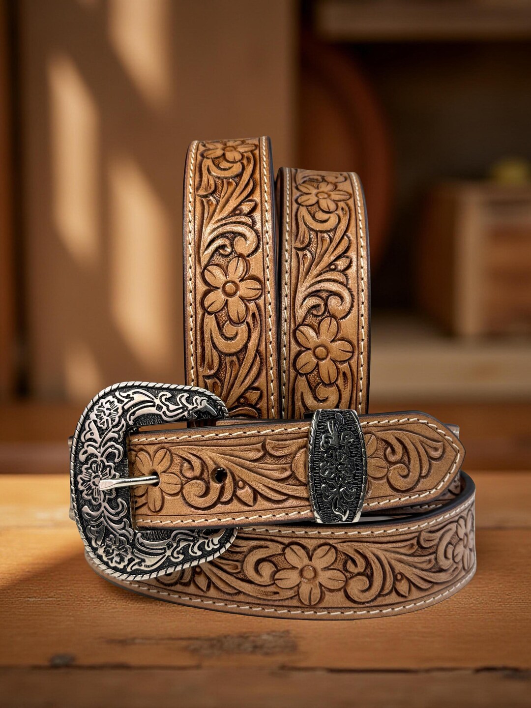 VTG Tooled Western Leather Rodeo Belt w/ Stoned Buckle – Size 42 – Boho Native S vintage style TOOLED leather belt STUDDED brown 42 cowboy  main image 3