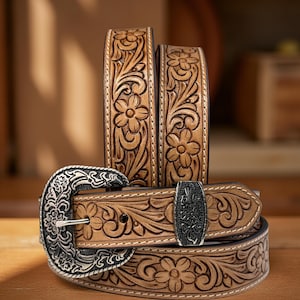 Tooled Western Floral Engraved Leather Belt 100% Genuine Full Grain Cowhide Engraved Genuine Leather Cowboy Belt