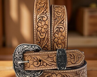 Tooled Western Floral Engraved Leather Belt 100% Genuine  display picture 3