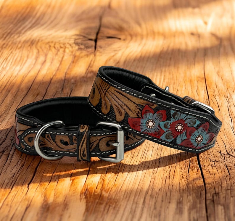 Floral Western Carved Full Grain Leather Dog Cat Pet Collar, Dog Cat ...