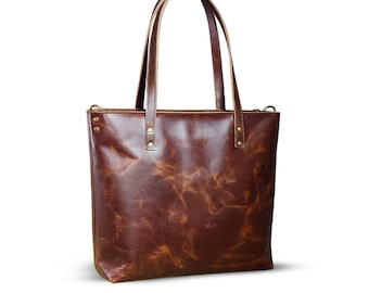 Leather Tote Bag Women, Personalized Brown Tote w Zipper Outside Pocket, Monogram Purse Shoulder Bucket Bag