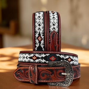 Western Genuine Leather Beaded Heavy Duty Belt, Custom Personalized Rodeo belt For Cowboy Cowgirl