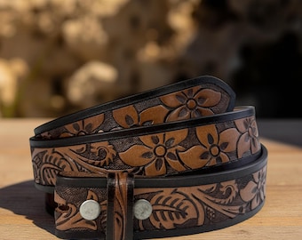 Women's belt, Tooled Western Floral Engraved Leather Belt 100% Genuine Full Grain Cowhide Engraved Genuine Leather Cowboy Belt