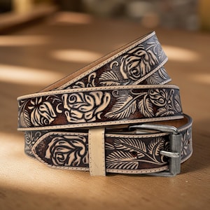 Genuine Leather Western Leather Belt For Women, Cowgirl Cowboy Floral Embossed Tooled Full Grain Leather Belt, Ranch Rodeo Belt for Women