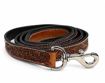 Skórzana, tłoczona smycz dla psa lub kota, ręcznie robiona, w kwiaty, z motywem western, z pełnoziarnistej, wytrzymałej skóry