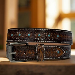 Tooled Western Floral Carved Leather Belt 100% Genuine Full Grain Cowhide Engraved Genuine Leather Cowgirl Belt