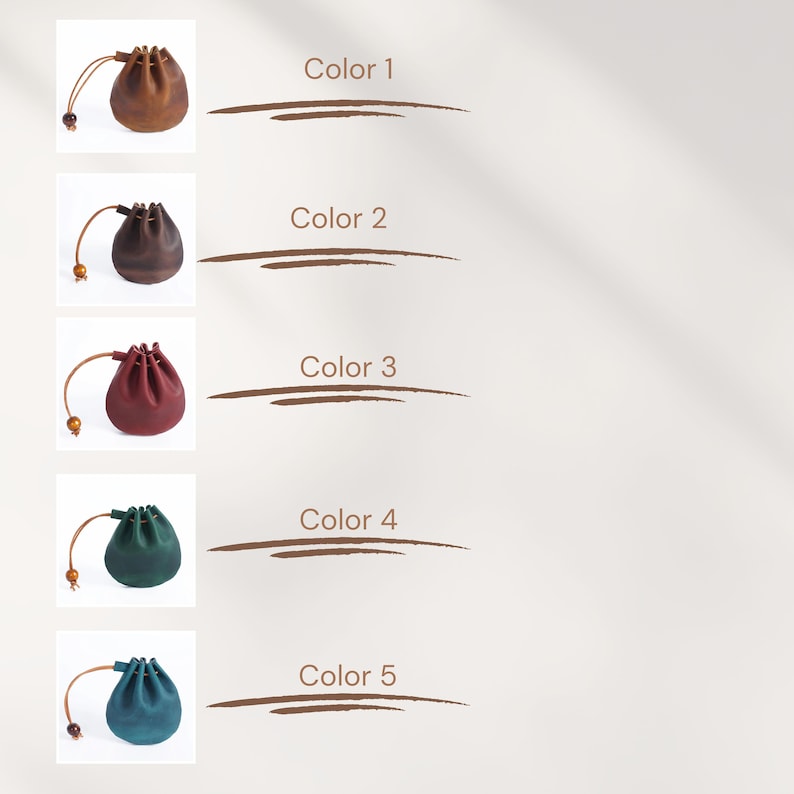 May include: Five leather drawstring pouches in different colors: brown, dark brown, burgundy, green, and teal. Each pouch has a wooden bead on the drawstring.
