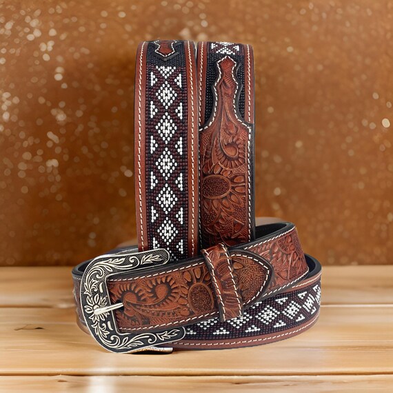 Custom Made Western Beaded Black Leather Belt Cowgirl Rodeo Western Belt Cowboy Rodeo Full Grain Leather Hand Tooled  main image 4