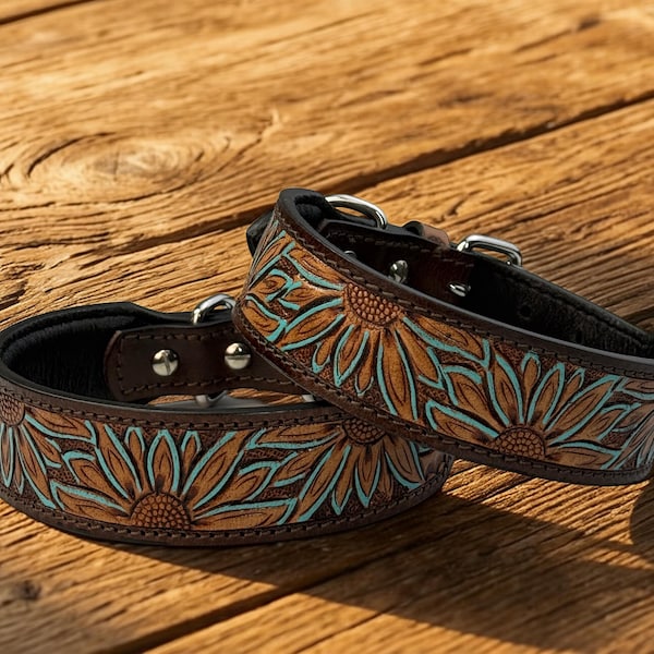 Western Genuine Leather dog collar tooled Leather Flower Dog Cat Collar, Full grain western Leather Puppy Collar