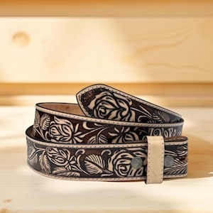 Full Grain Leather Snap-On Belt, Tooled Western Floral Engraved Leather Belt 100% Genuine Full Grain Cowhide with Snaps 1-1/2&quot; WIDE