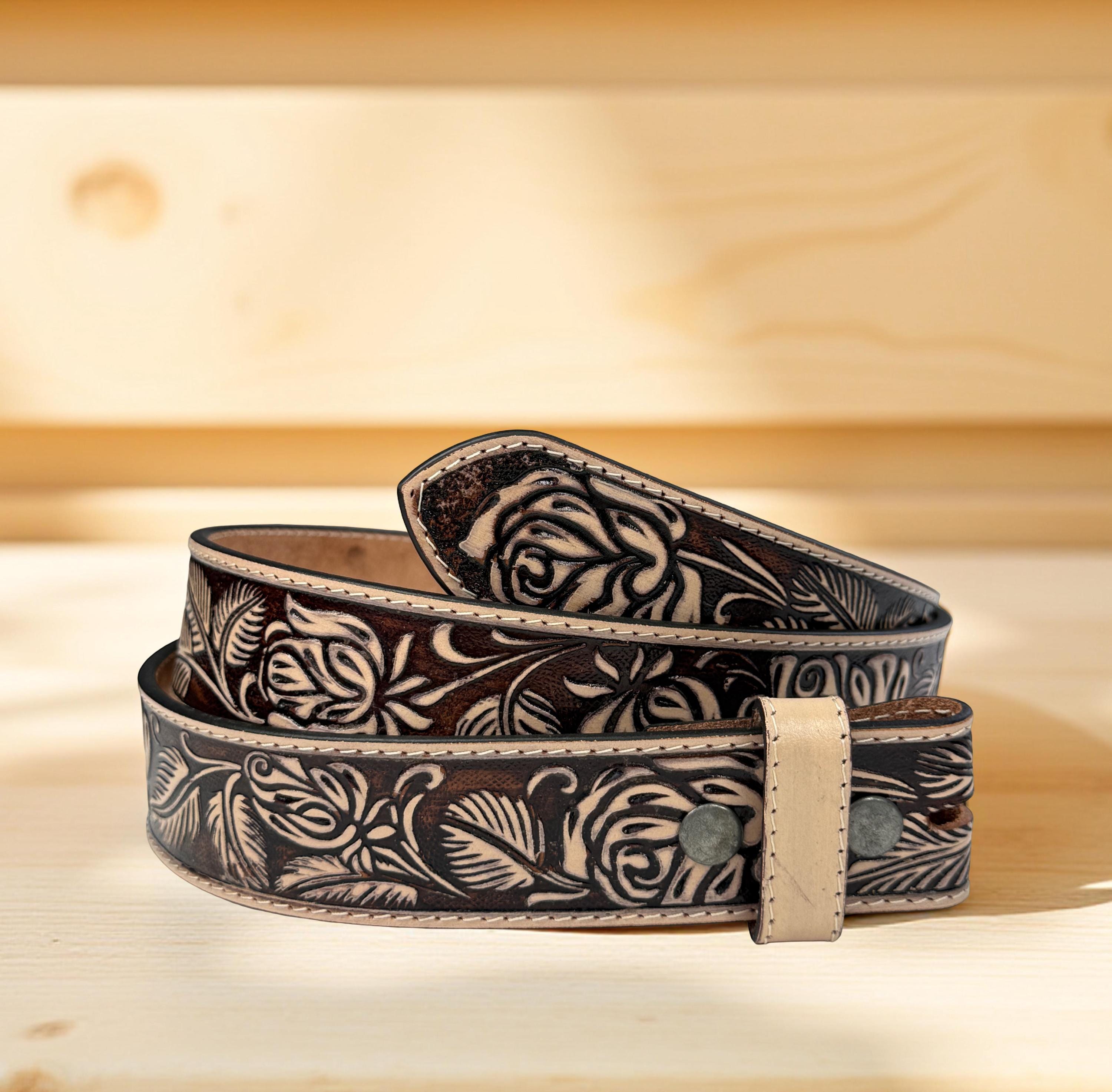 Full Grain Leather Snap-on Belt, Tooled Western Floral  display picture 3