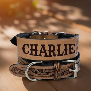 Western Genuine Leather dog collar tooled Leather Name Dog Cat Collar, Full grain western Leather Puppy Collar