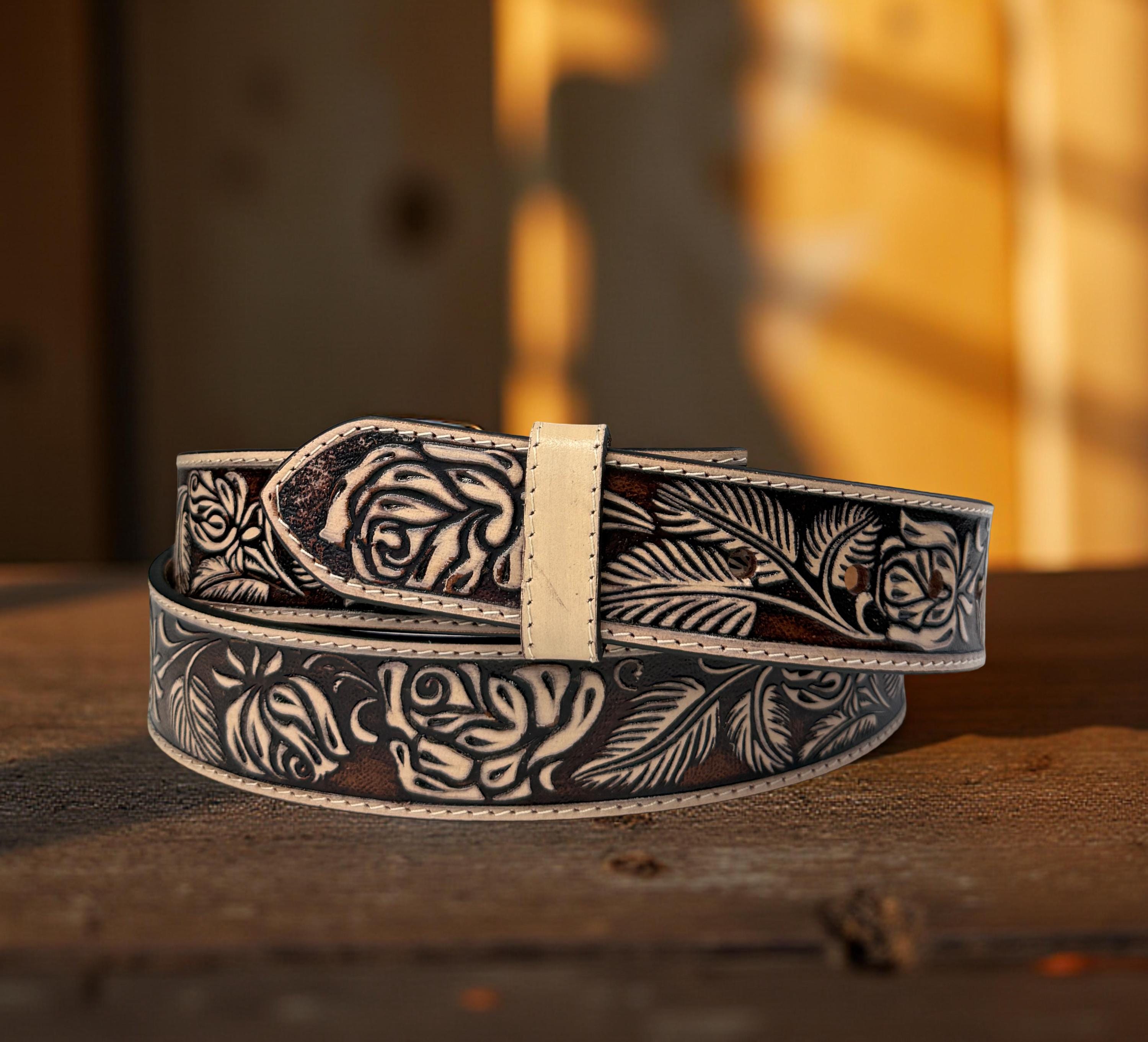 Full Grain Leather Snap-on Belt, Tooled Western Floral 