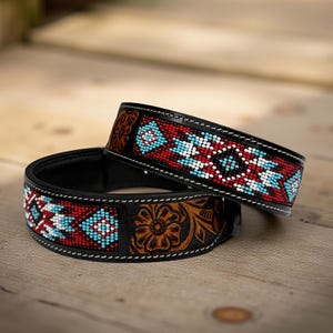 Western Genuine Leather dog collar tooled Leather Beaded Dog Cat Collar, Full grain western Leather Puppy Collar