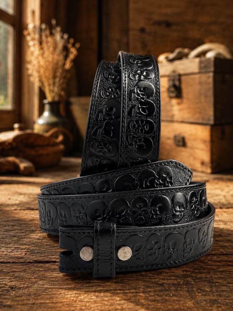 Leather Skull Belt, Biker belt, Skull Tooled Brown Leather belt, Custom Skull Leather Belt Rocker Style Belt, Men's leather belt with skulls