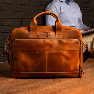 Maletín de cuero grande personalizado para hombres, maletín de cuero para viaje de 17 pulgadas, bolso para computadora portátil, bolso de mensajero de cuero de grano completo, bolso cruzado