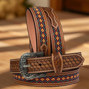 Genuine Leather Beaded Western Heavy Duty Belt, Custom Personalized Rodeo belt For Cowboy Cowgirl