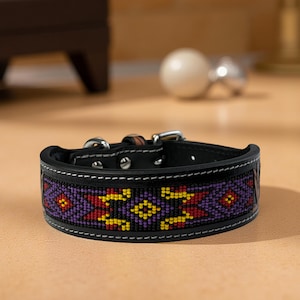 Western Genuine Leather dog collar tooled Leather Beaded Dog Cat Collar, Full grain western Leather Puppy Collar