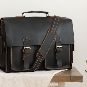 Genuine Leather Briefcase Laptop Case, Monogram Bag for Man, Full Grain Leather Office Bag