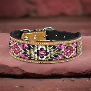 Western Genuine Leather dog collar tooled Leather Beaded Dog Cat Collar, Full grain western Leather Puppy Collar