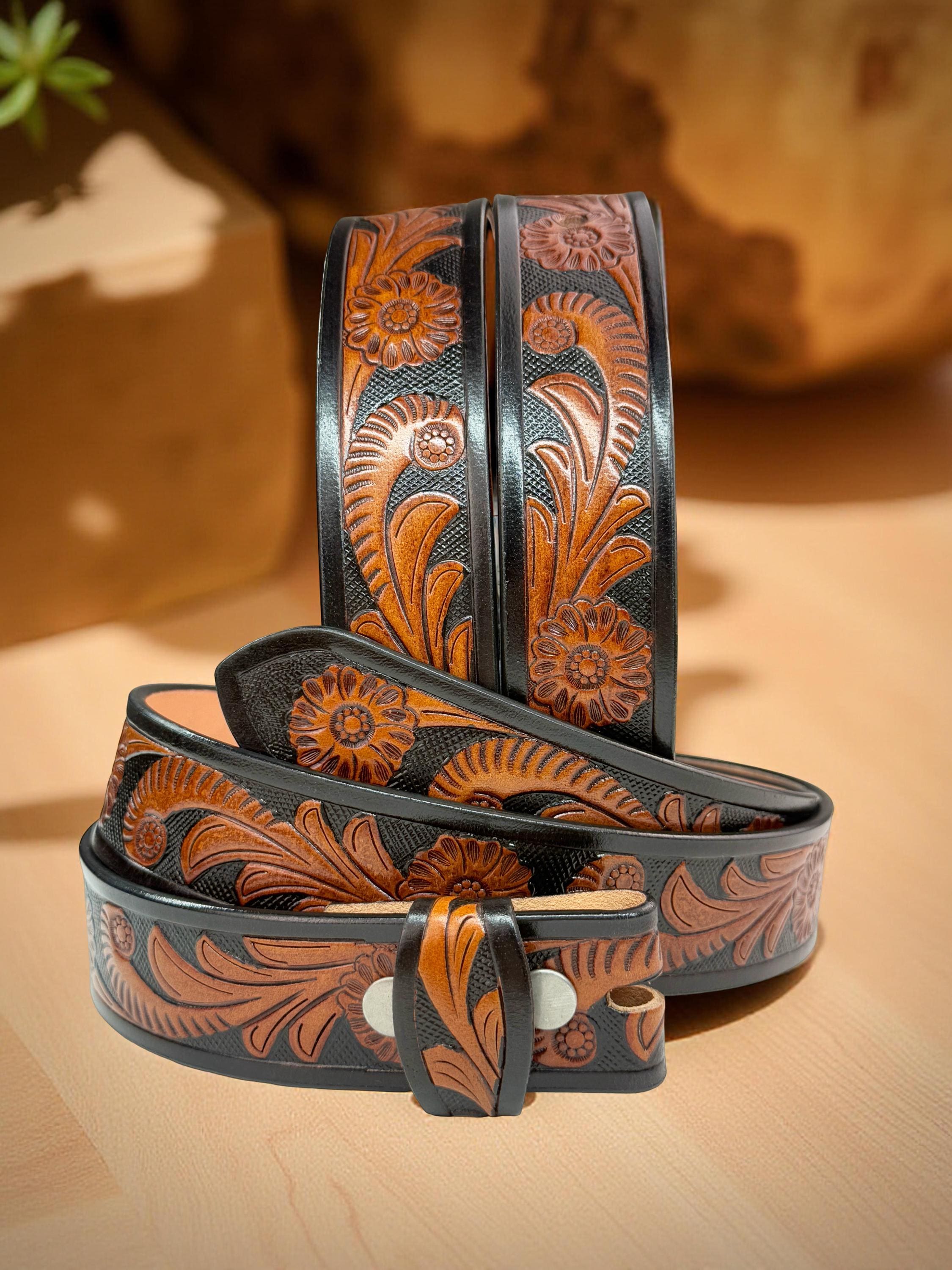 Reversible Brown Floral Embossed Leather Belt Metallic Gold Boho Brass Buckle Western Blooms Leather Belt - Brown Floral – Natural Life main image 3