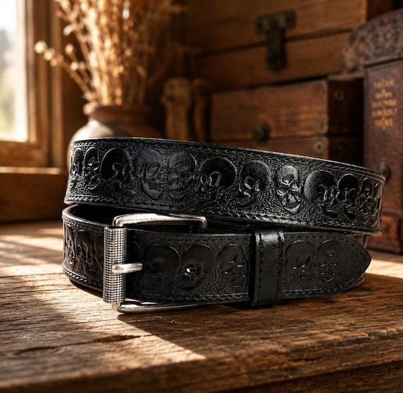 Leather Skull Belt, Biker belt, Skull Tooled Brown Leather belt, Custom Skull Leather Belt Rocker Style Belt, Men's leather belt with skulls