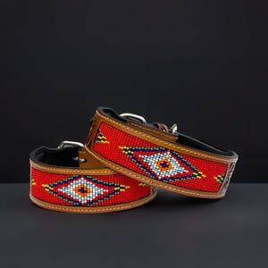 Western Genuine Leather dog collar tooled Leather Beaded Dog Cat Collar, Full grain western Leather Puppy Collar