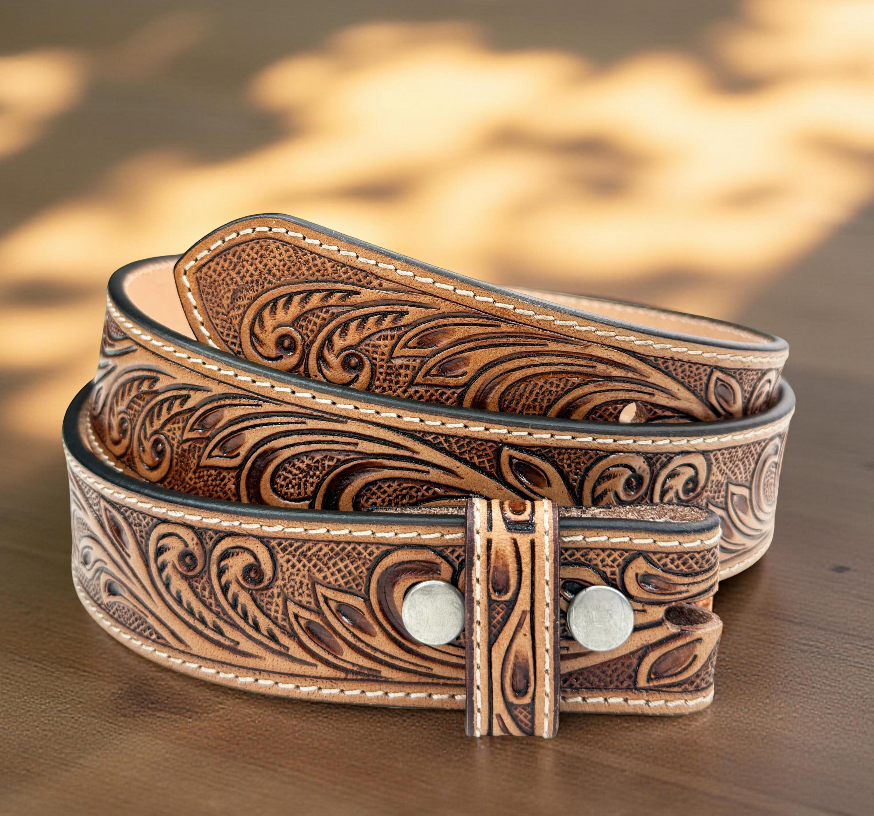 Tooled Western Floral Engraved Leather Belt 100% Genuine Full Grain Cowhide Engraved Genuine Leather Cowboy Belt