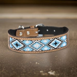 Western Genuine Leather dog collar tooled Leather Beaded Dog Cat Collar, Full grain western Leather Puppy Collar