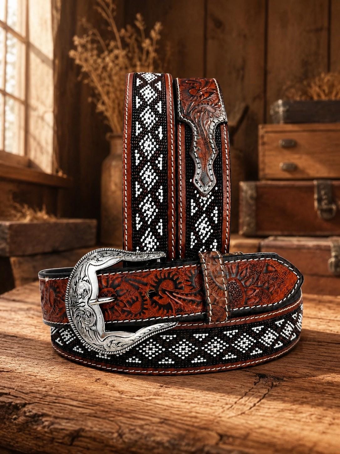 Genuine Leather Beaded Western Heavy Duty Belt, Custom