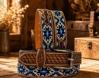 Genuine Leather Beaded Western Heavy Duty Belt, Custom Personalized Rodeo belt For Cowboy Cowgirl