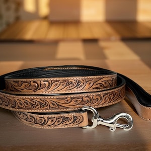 Leather tooled leash, handmade floral western dog cat lead full grain heavy duty leather