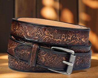 Tooled Western Eagle Carved Leather Belt 100% Genuine Full Grain Cowhide Engraved Genuine Leather Cowboy Belt