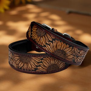 Western Genuine Leather dog collar tooled Leather Flower Dog Cat Collar, Full grain western Leather Puppy Collar