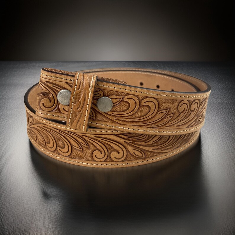 Men’s Western Dress Belt – Antique Silver/Gold Lady Bull Buckle, Genuine Full Grain Leather