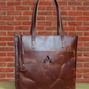 Custom Full Grain Leather Tote Bag, Handcrafted Rustic Purse with Adjustable Strap,