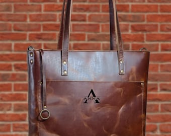 Custom Full Grain Leather Tote Bag, Handcrafted Rustic Purse with Adjustable Strap,