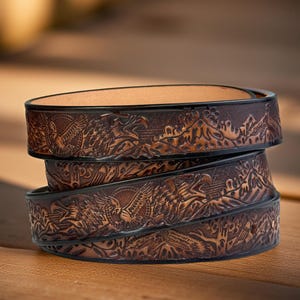 Full Grain Leather Snap-On Belt, Tooled Western Rodeo Engraved Leather Belt 100% Genuine Full Grain Cowhide with Snaps 1-1/2&quot; WIDE